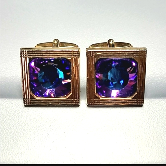 Vintage Rivoli Cufflinks Designer Gold Alloy Blue Purple Square 1960s - Picture 2 of 6
